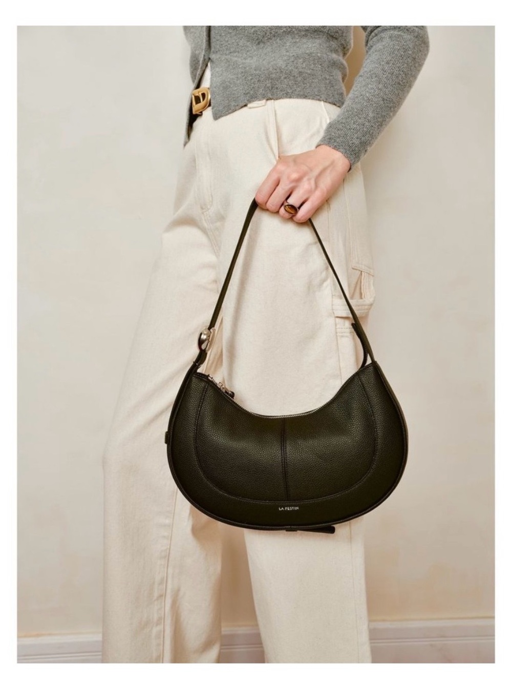 La Festin Curved Crescent Shoulder Bag in Black